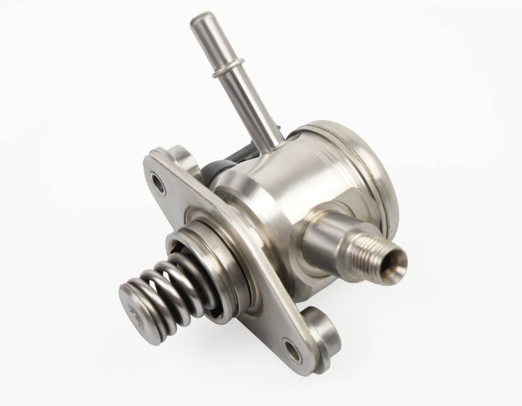 High pressure fuel pump with flanged mount and spring assembly, rear angle