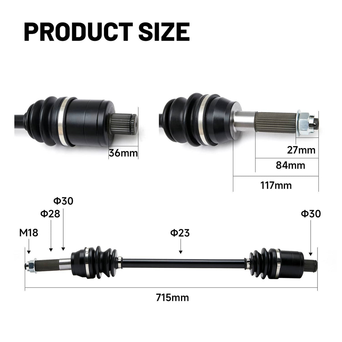 Drive axle shaft with measurement diagram showing shaft length and diameters