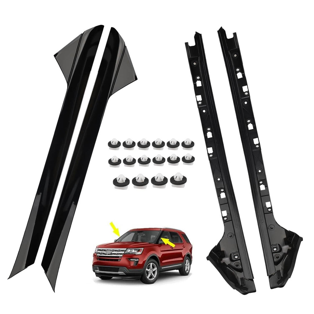 Windshield pillar molding trim panels, black with mounting holes and clip fittings