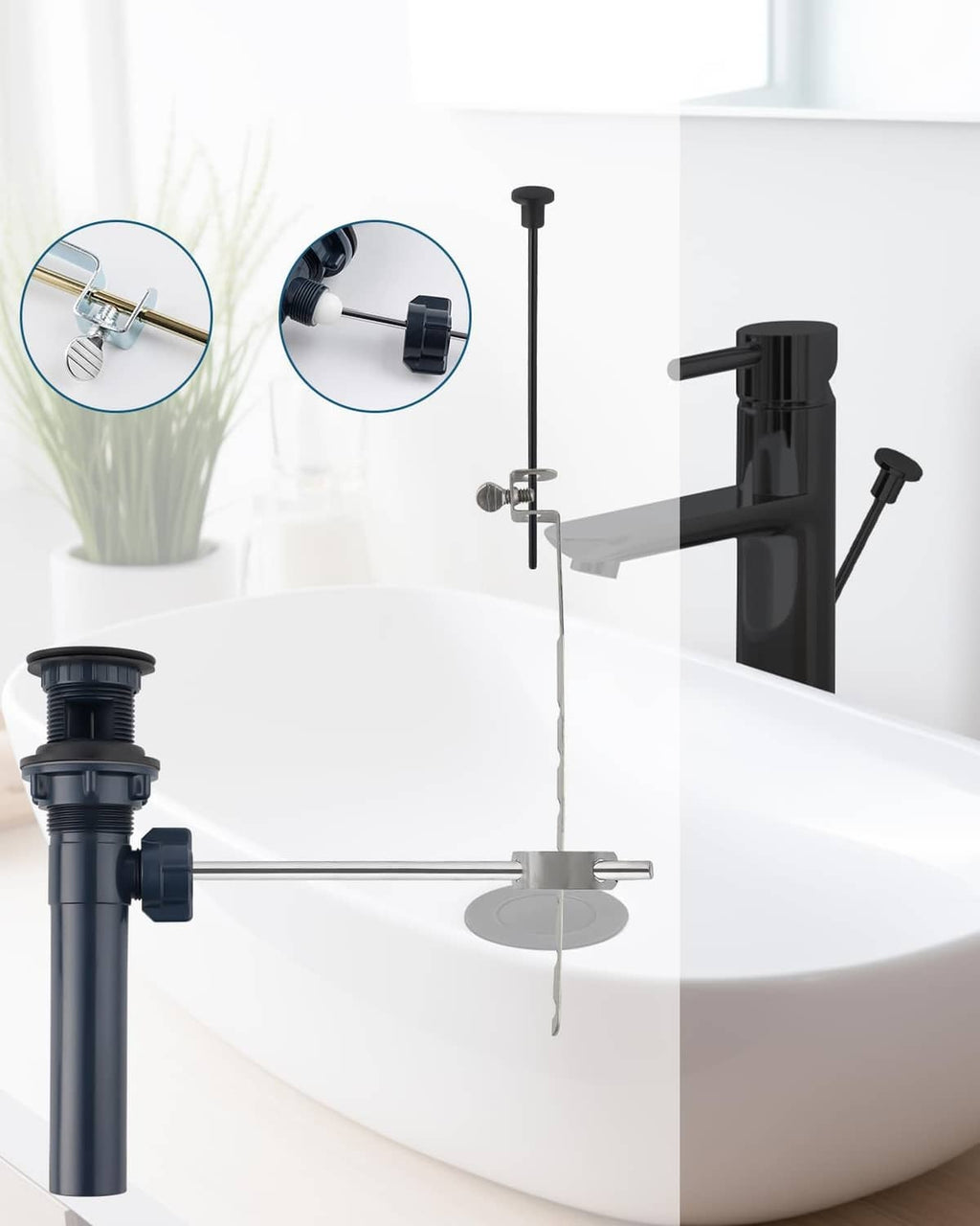 Bathroom sink drain with lift rod, dark stopper and drain pipe assembly