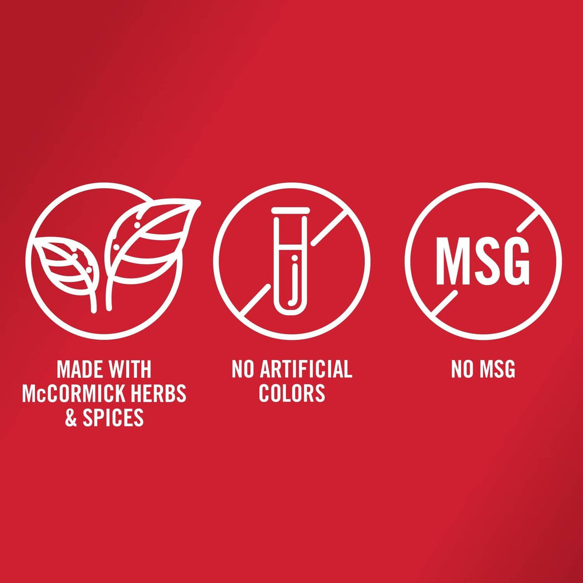 Taco seasoning packaging icons indicating no artificial colors and no MSG