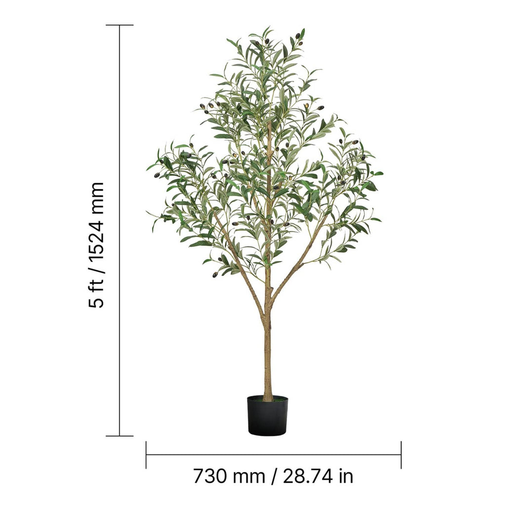 Artificial olive tree in black pot with height and width measurements