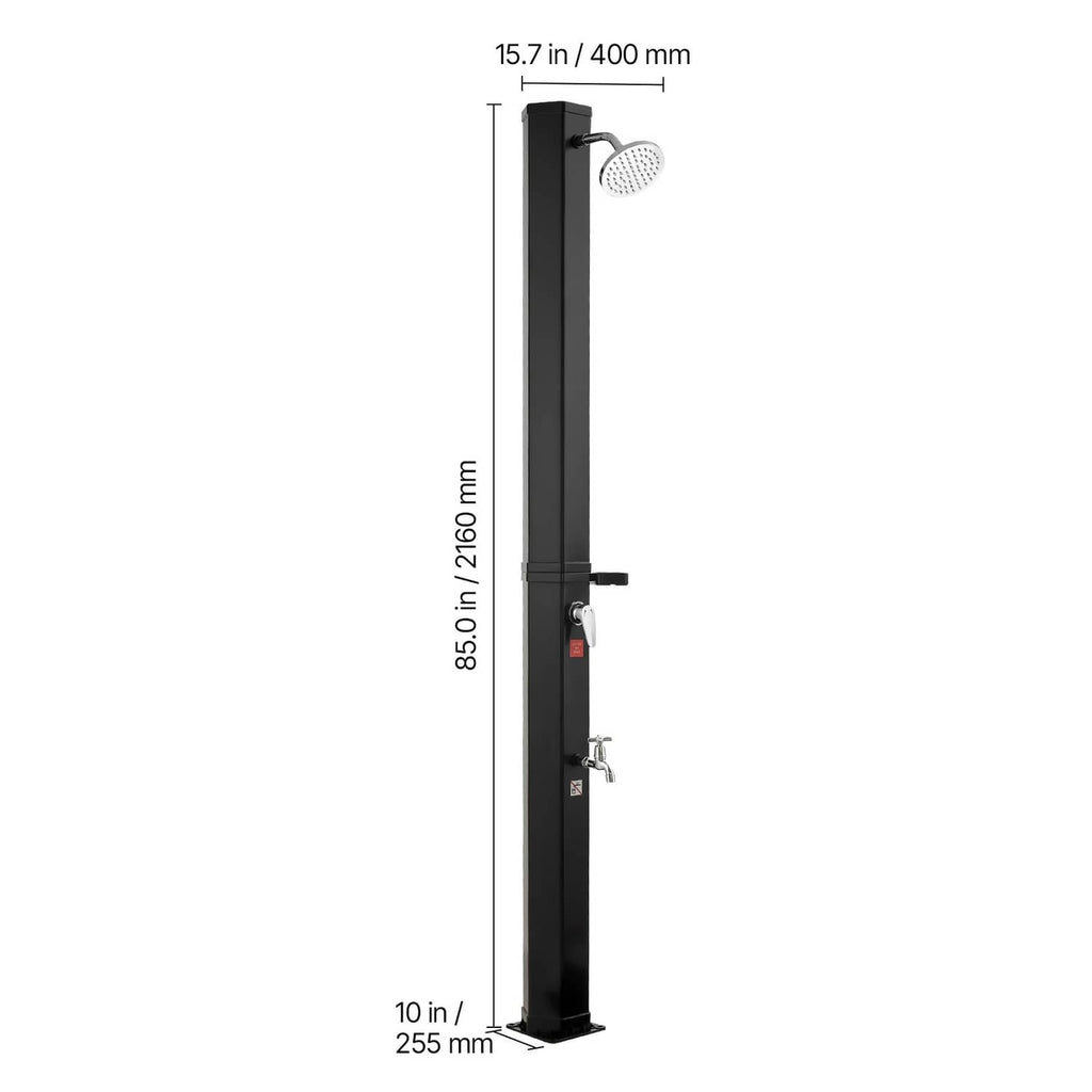 Outdoor solar shower with dimensions showing tall black column and shower head
