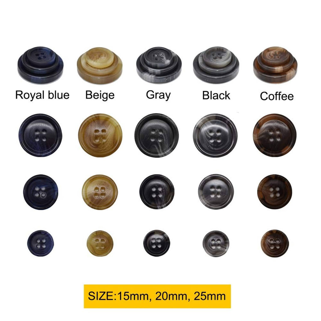 Faux buffalo buttons in royal blue, beige, gray, black, and coffee colors, assorted rows