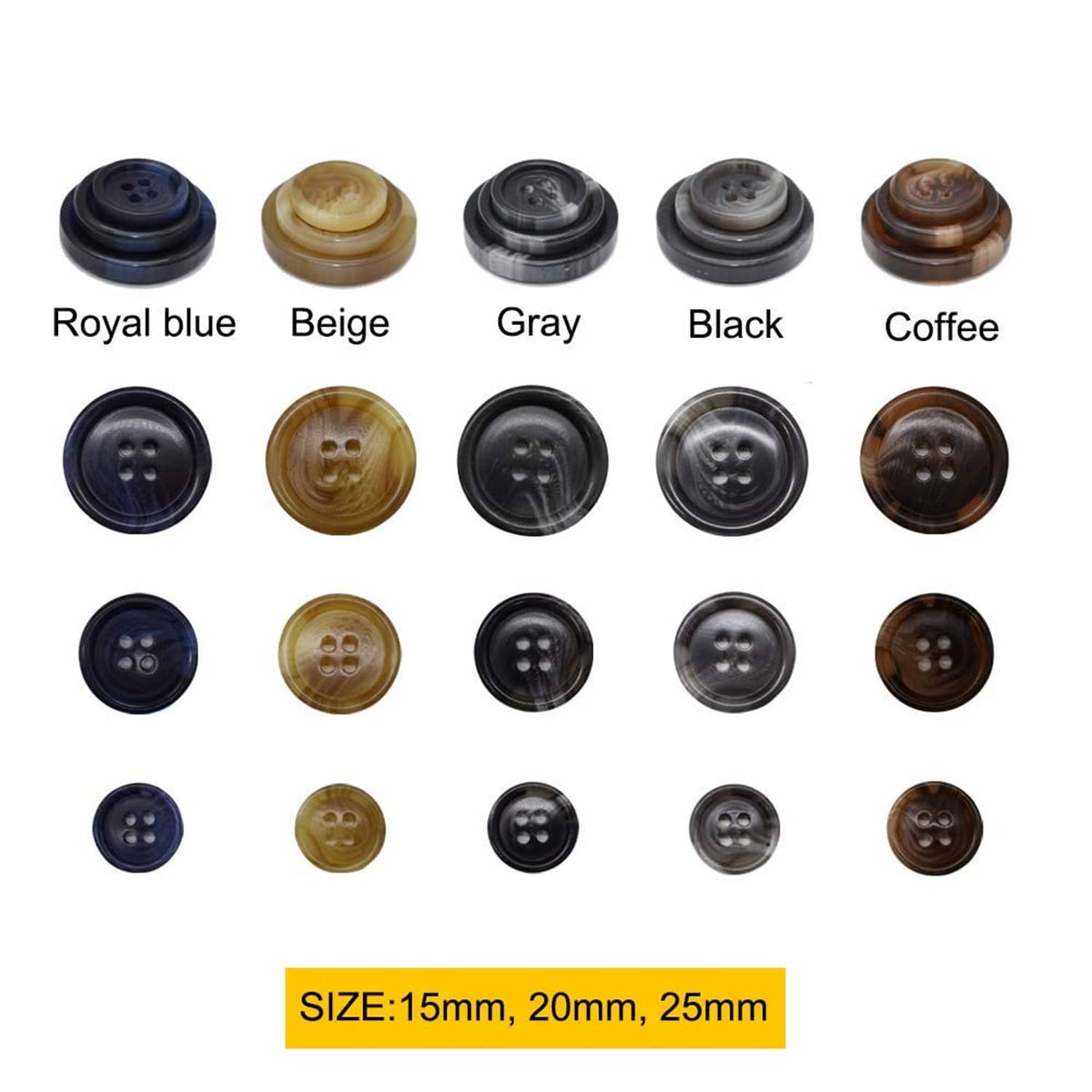 Faux buffalo buttons in royal blue, beige, gray, black, and coffee colors, assorted rows