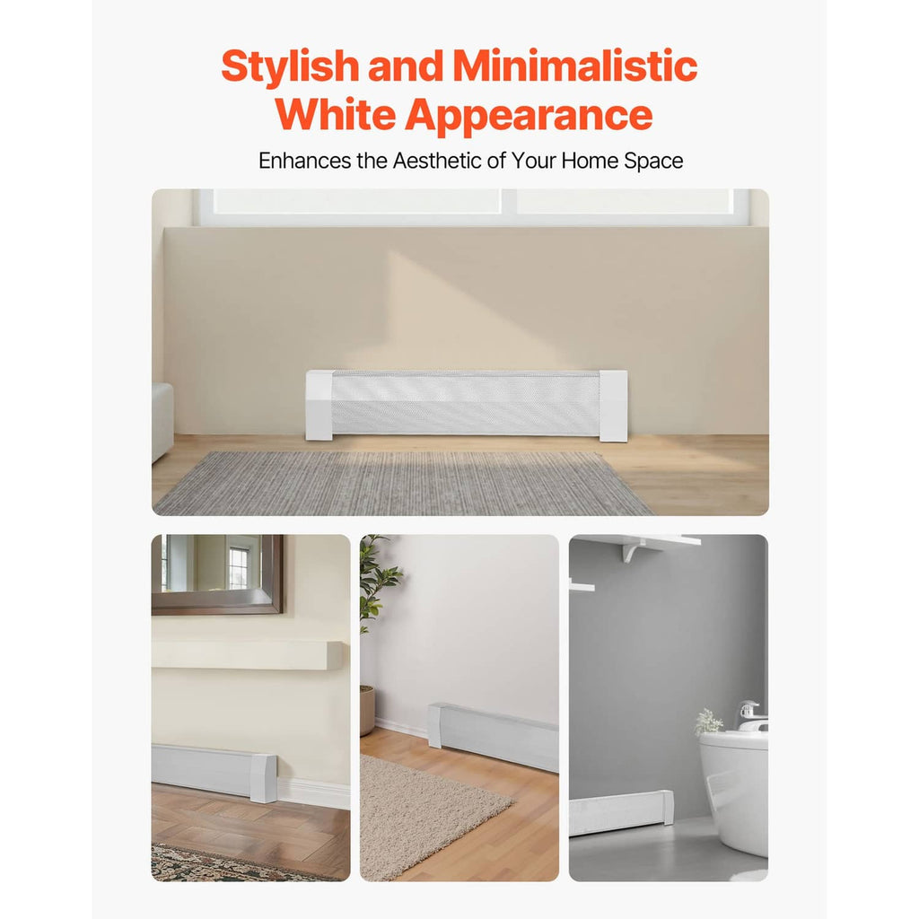 White baseboard heater cover with minimal vented front, styled in a bright room setting