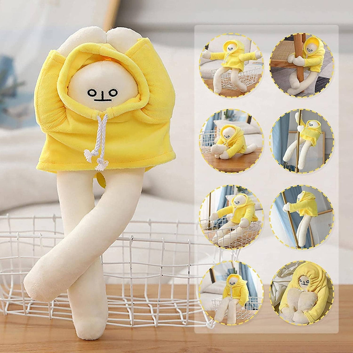 Yellow hooded banana man plush standing pose, with white string ties