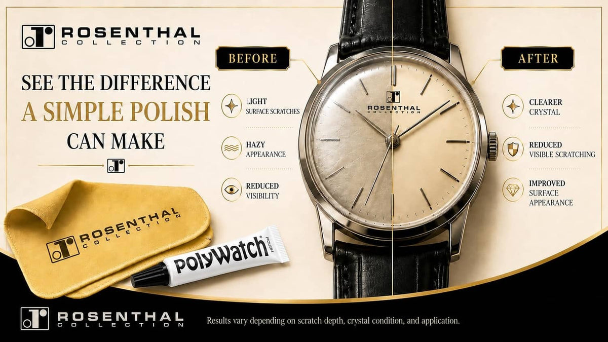 PolyWatch before-and-after on round watch face with polish and cloth