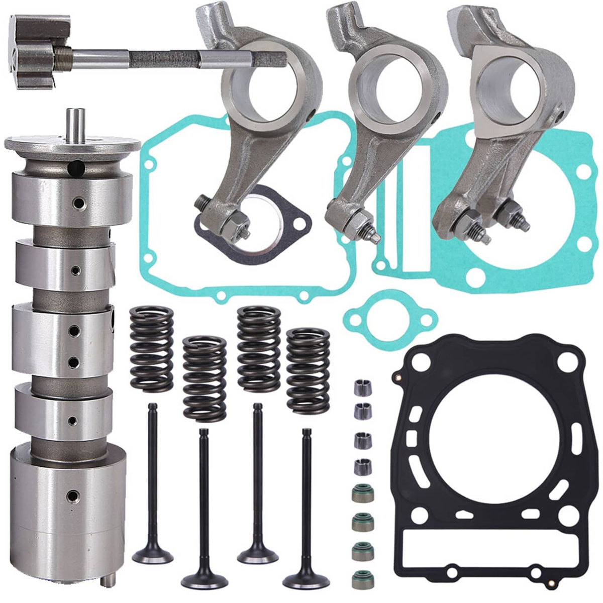 Engine camshaft housing, rocker arms, valve springs, and gasket seals assortment