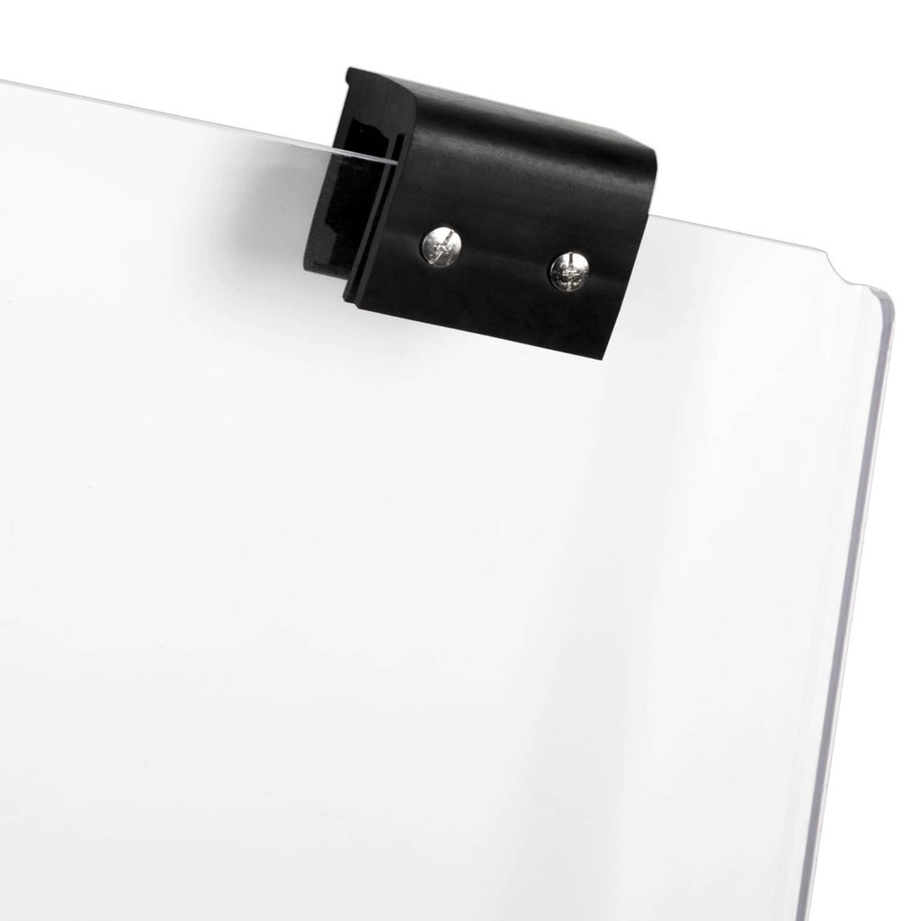 Clear polycarbonate windshield with black bracket and two metal rivets