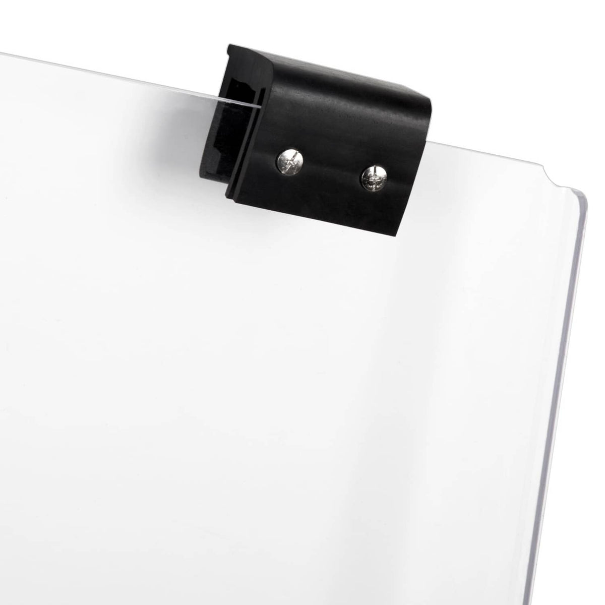 Clear polycarbonate windshield with black bracket and two metal rivets