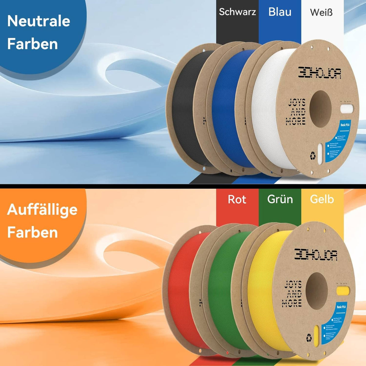 PLA filament color selection chart with spools in neutral and bold colors