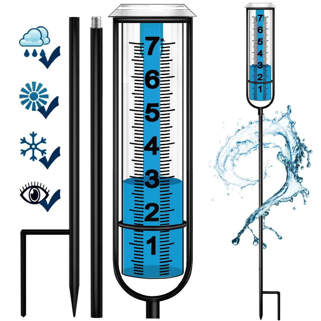 Outdoor rain gauge upright with blue inner tube and numbered scale, water splash