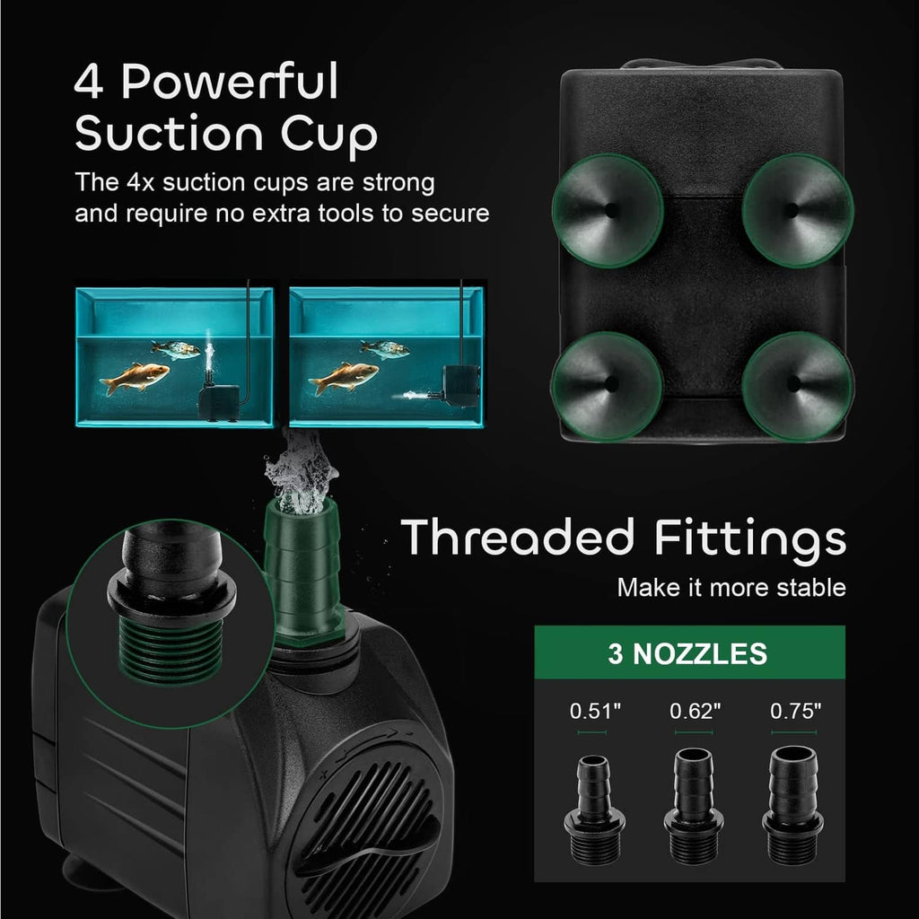 Black submersible water pump with four suction cups and threaded nozzle fittings