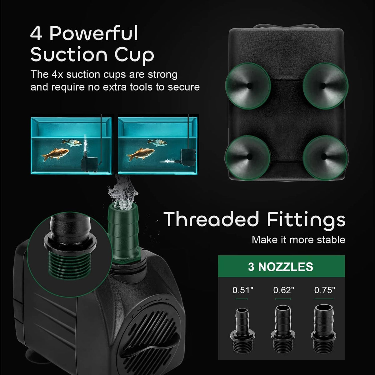 Black submersible water pump with four suction cups and threaded nozzle fittings