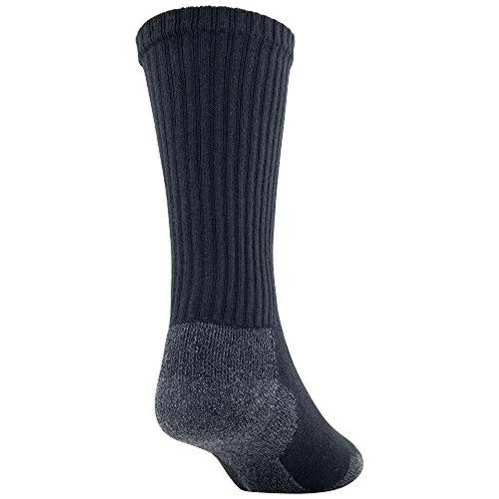 Men's crew athletic sock, dark black with ribbed leg and grey foot panel