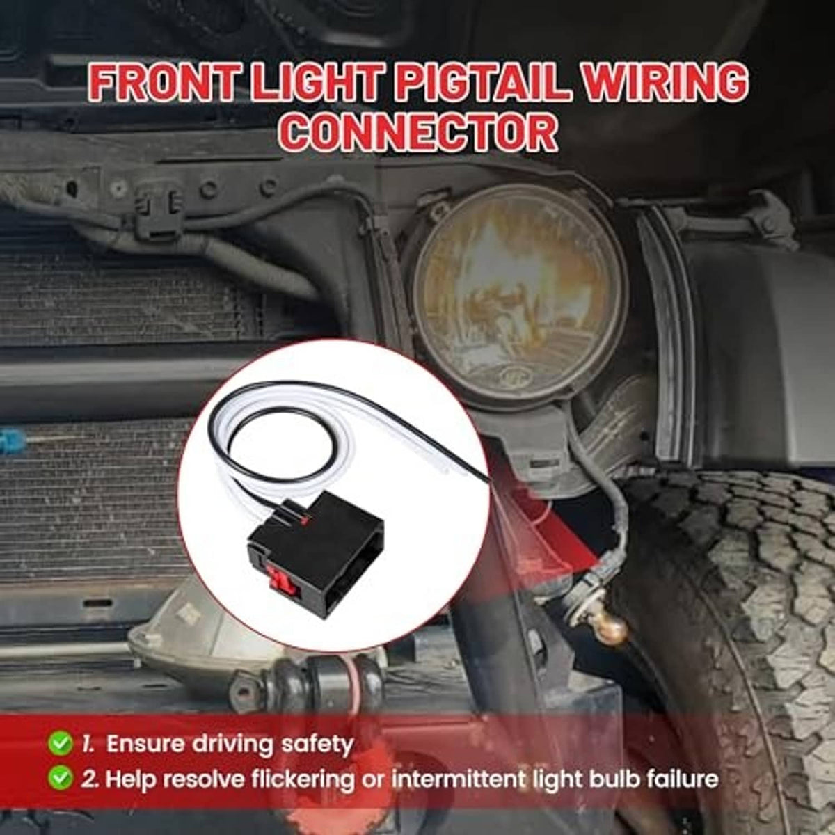 Front light pigtail wiring connector harness with black plug and white wire leads