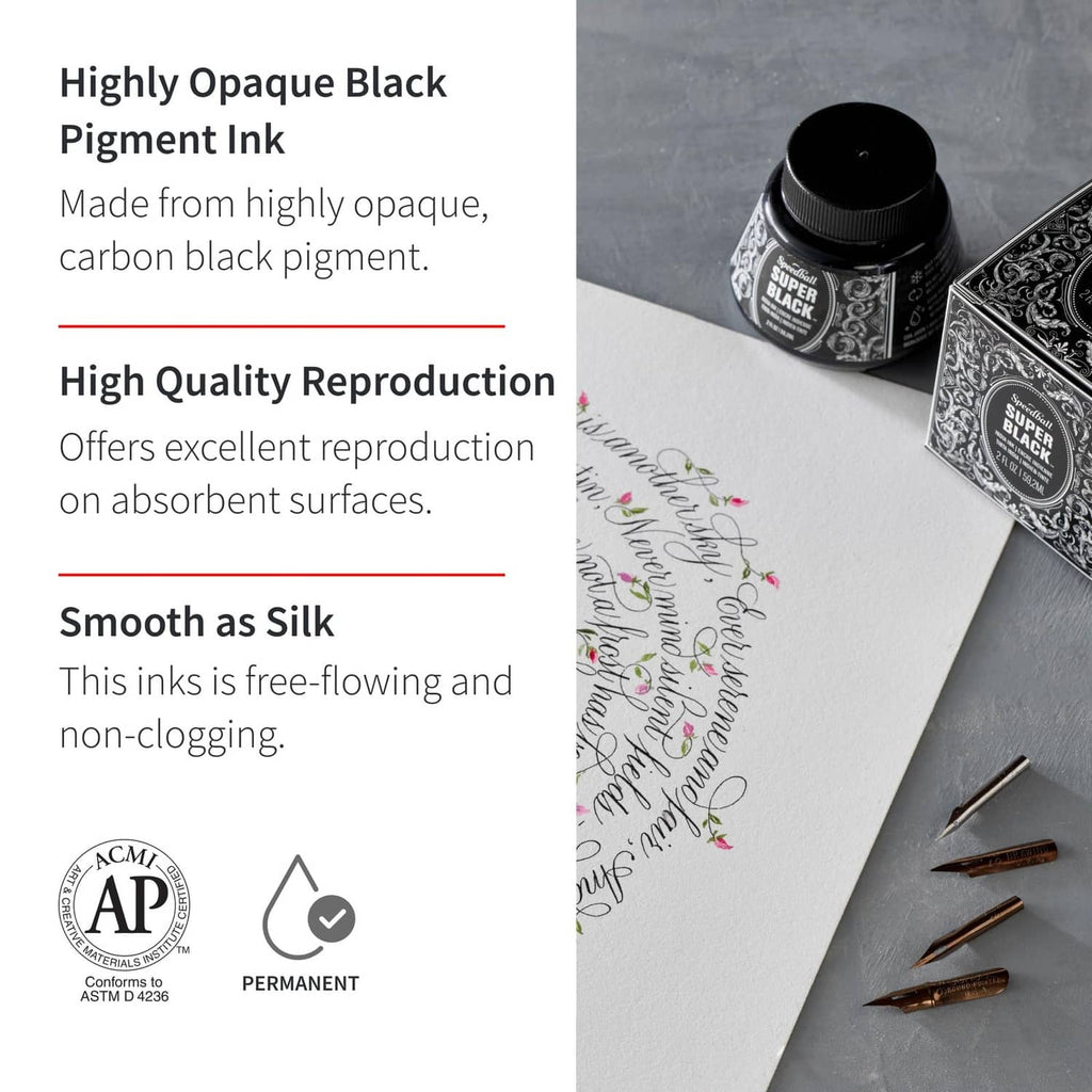 Black India ink bottle with ribbed cap, next to illustrated pen strokes