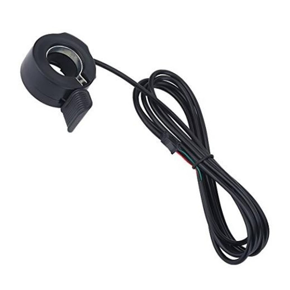 Black electric scooter thumb throttle replacement with attached cable and connector plug