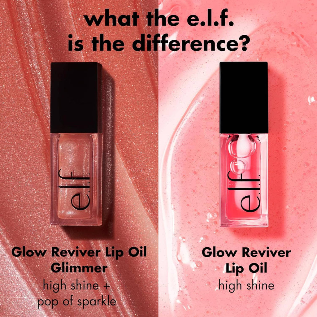 Glow Reviver lip oils comparison: bronze glimmer shade and clear high-shine oil