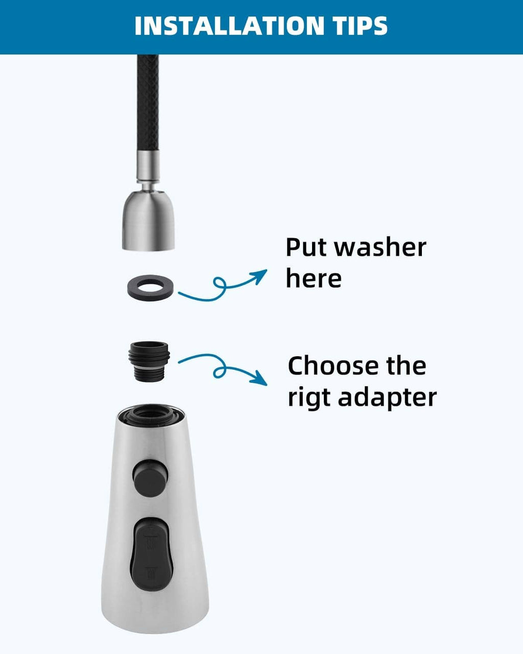 Brushed nickel faucet head with adapter connection and required washer