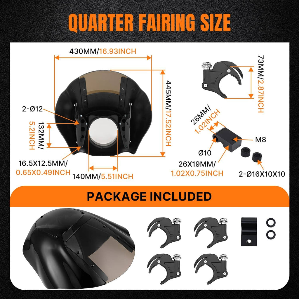 Headlight fairing size diagram and included bracket pieces, shown on a kit card