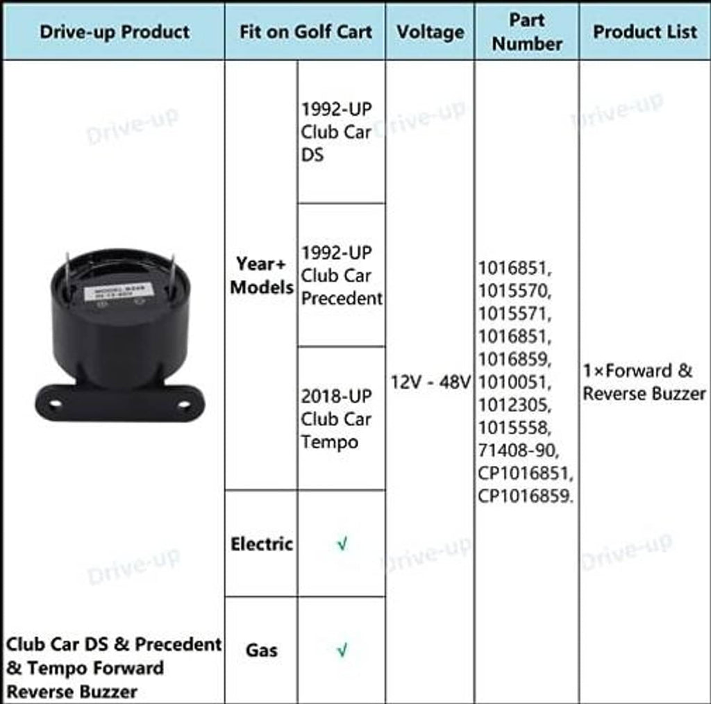 Fitment table for forward/reverse buzzer listing club car DS precedent tempo compatibility
