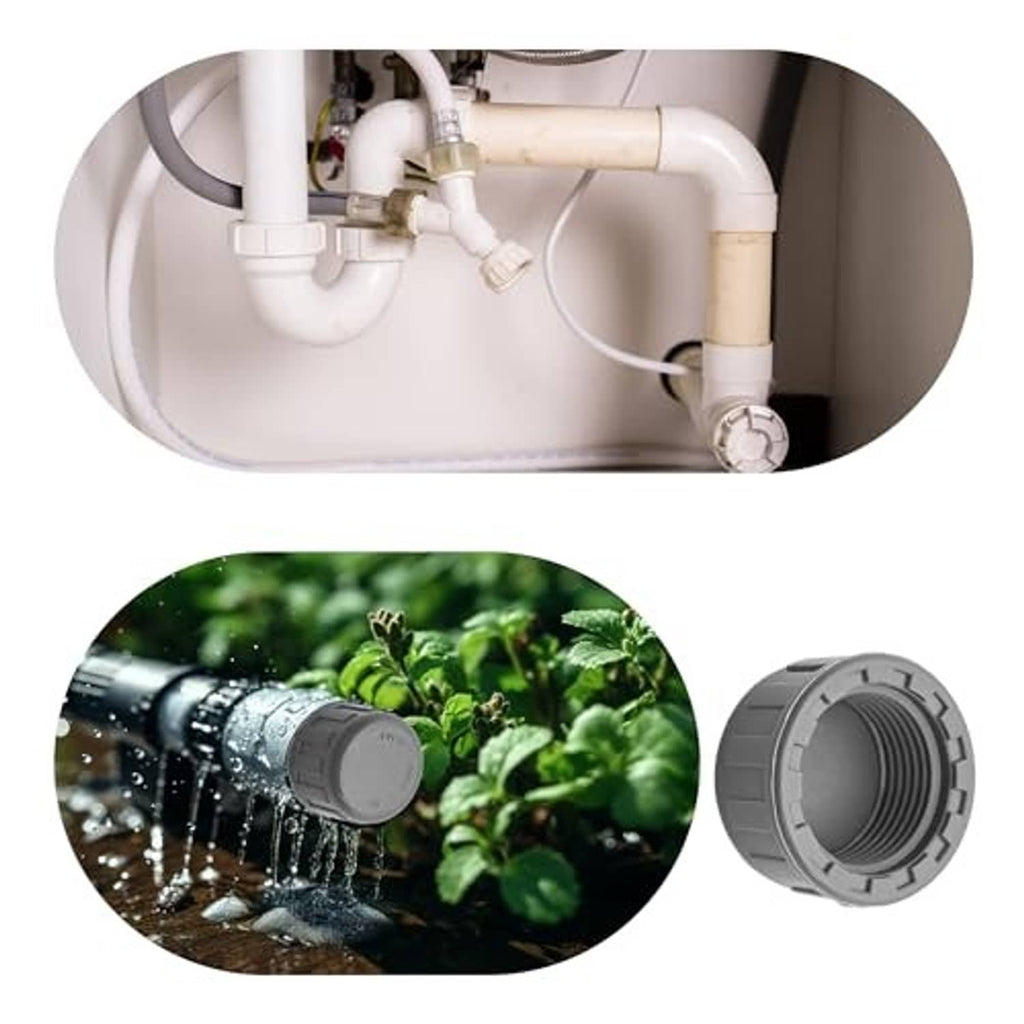 Gray PVC pipe end cap plug shown in use with water flow and female threaded opening