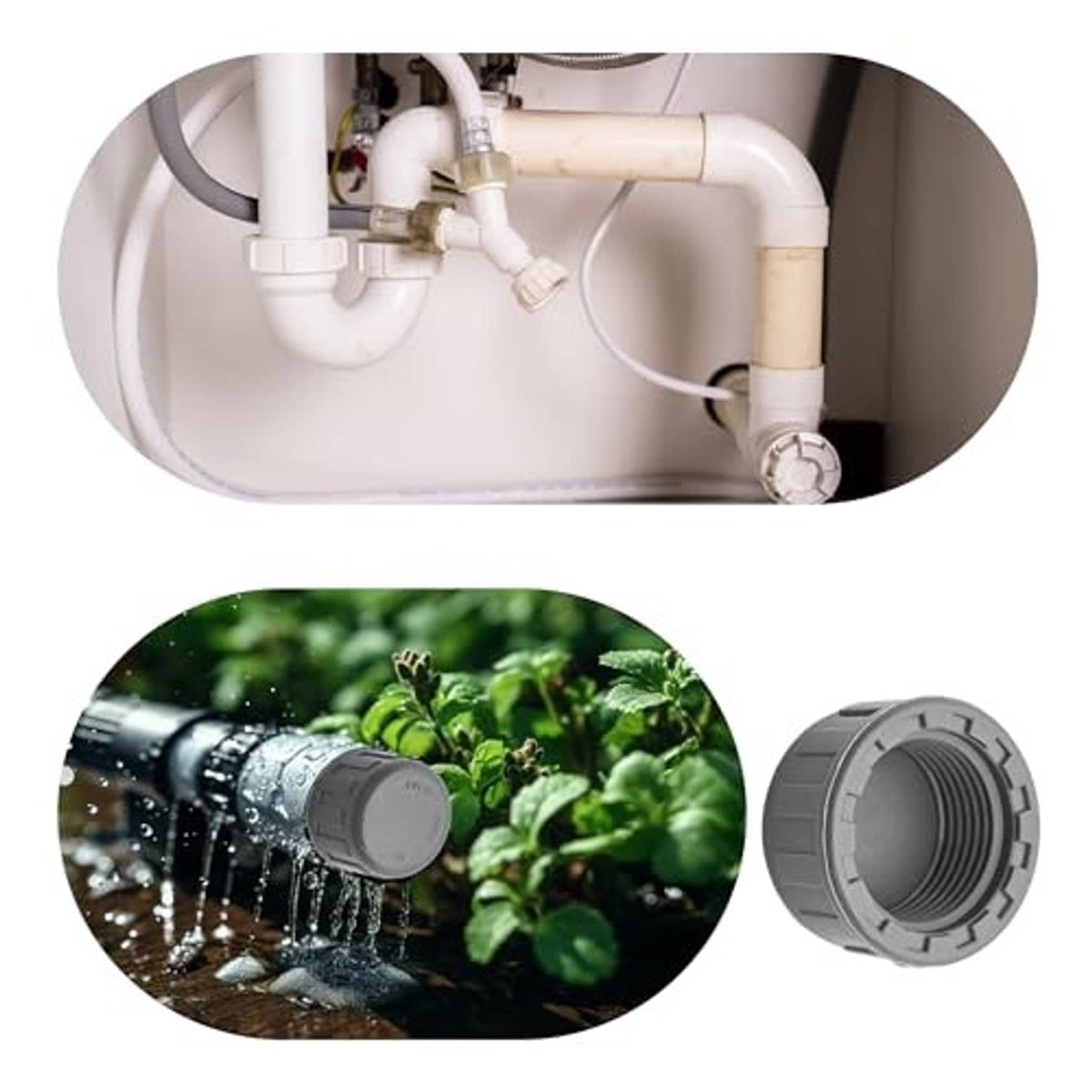 Gray PVC pipe end cap plug shown in use with water flow and female threaded opening