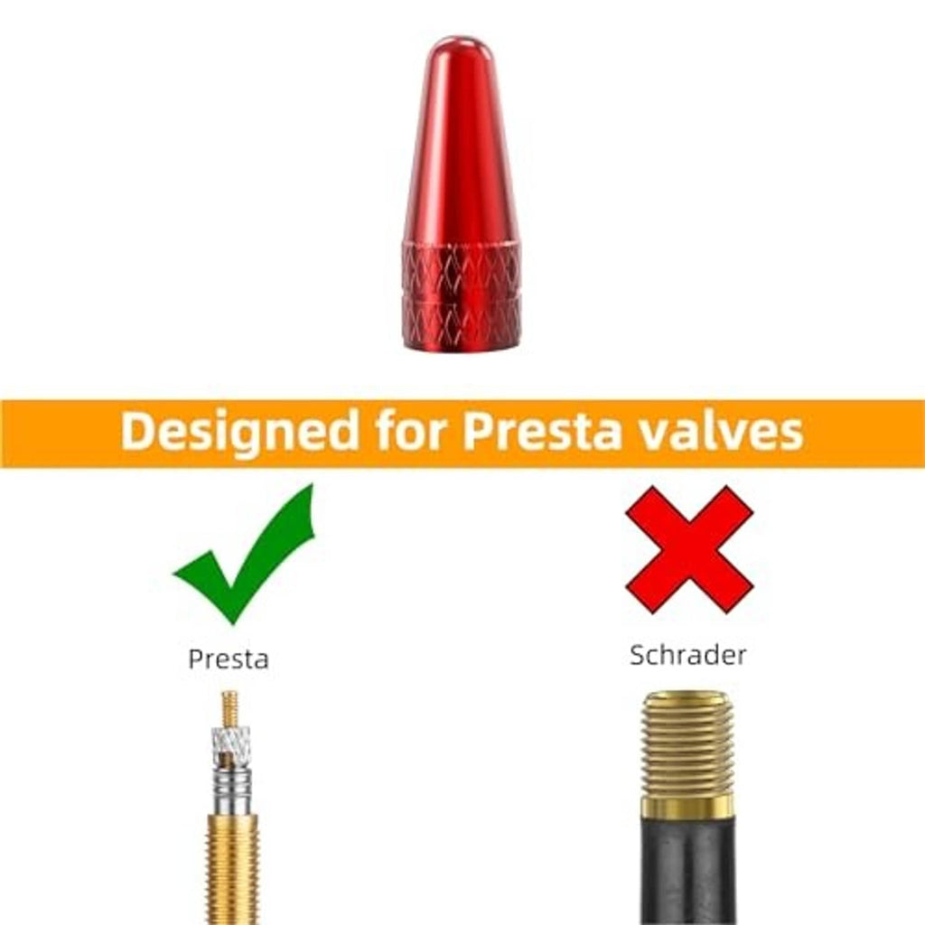 Red Presta valve caps, shown with threaded Presta-style valve for proper fit