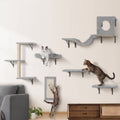 Wall-mounted cat shelf set with gray platforms, hammock, and step boards