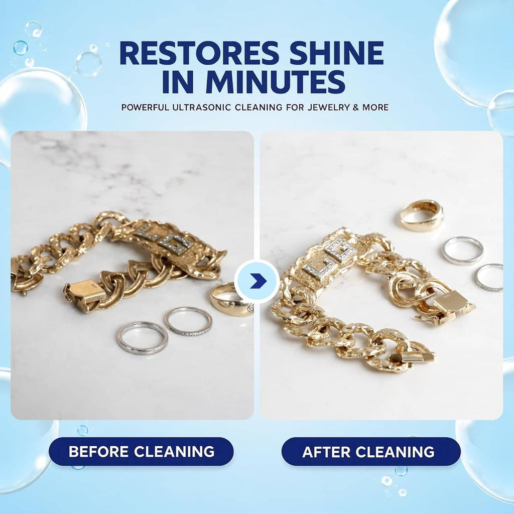 Gold jewelry chain and rings shown before and after ultrasonic cleaning