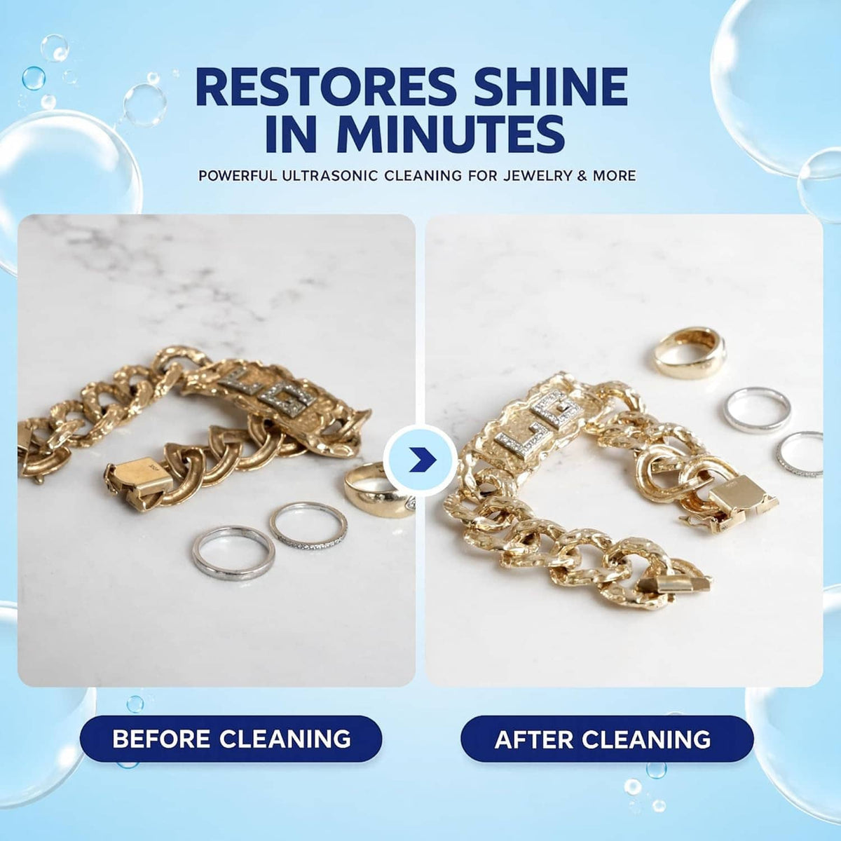 Gold jewelry chain and rings shown before and after ultrasonic cleaning