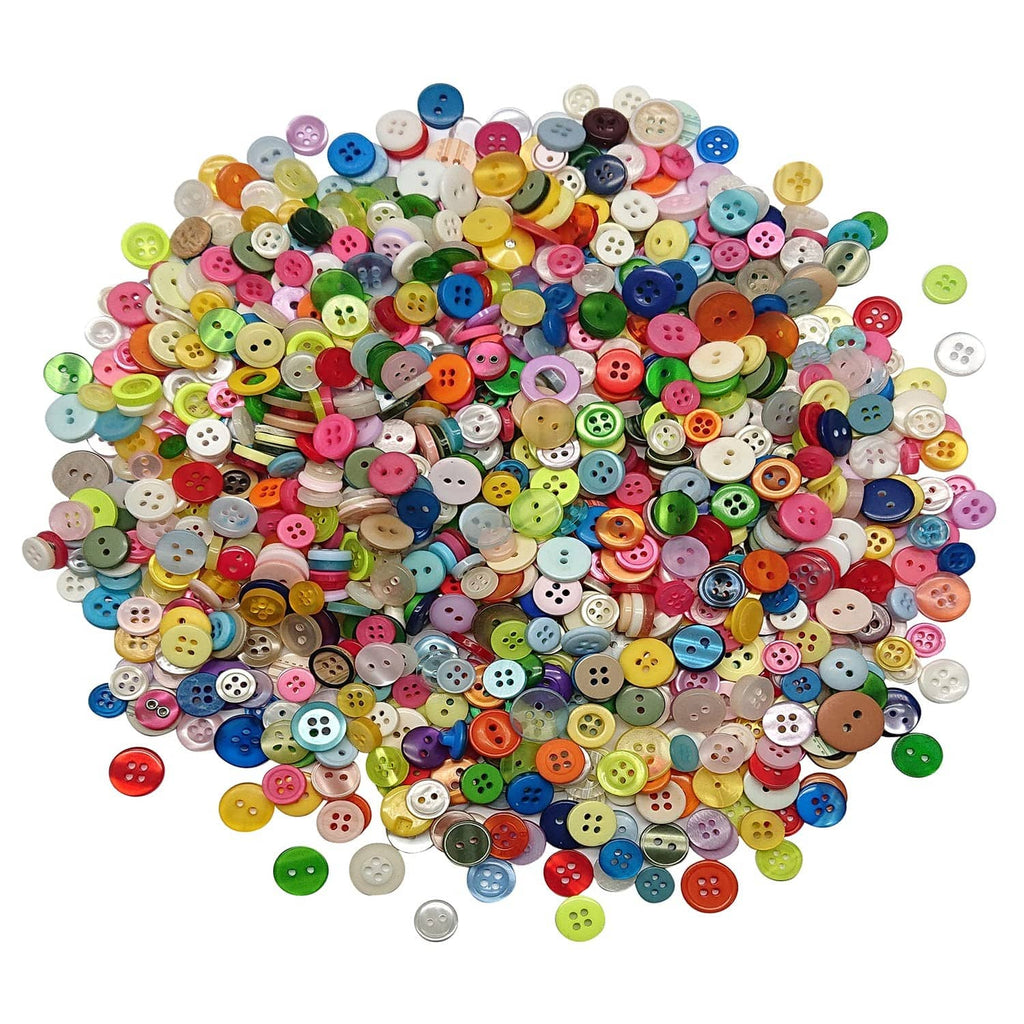 Assorted round resin craft buttons in many colors, piled together for sewing.