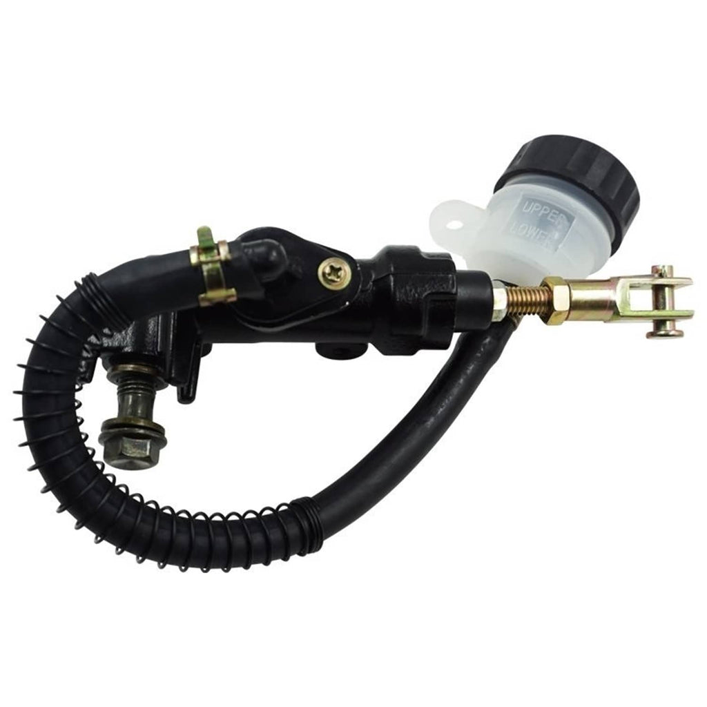Rear brake master cylinder pump with clear fluid reservoir and black hoses