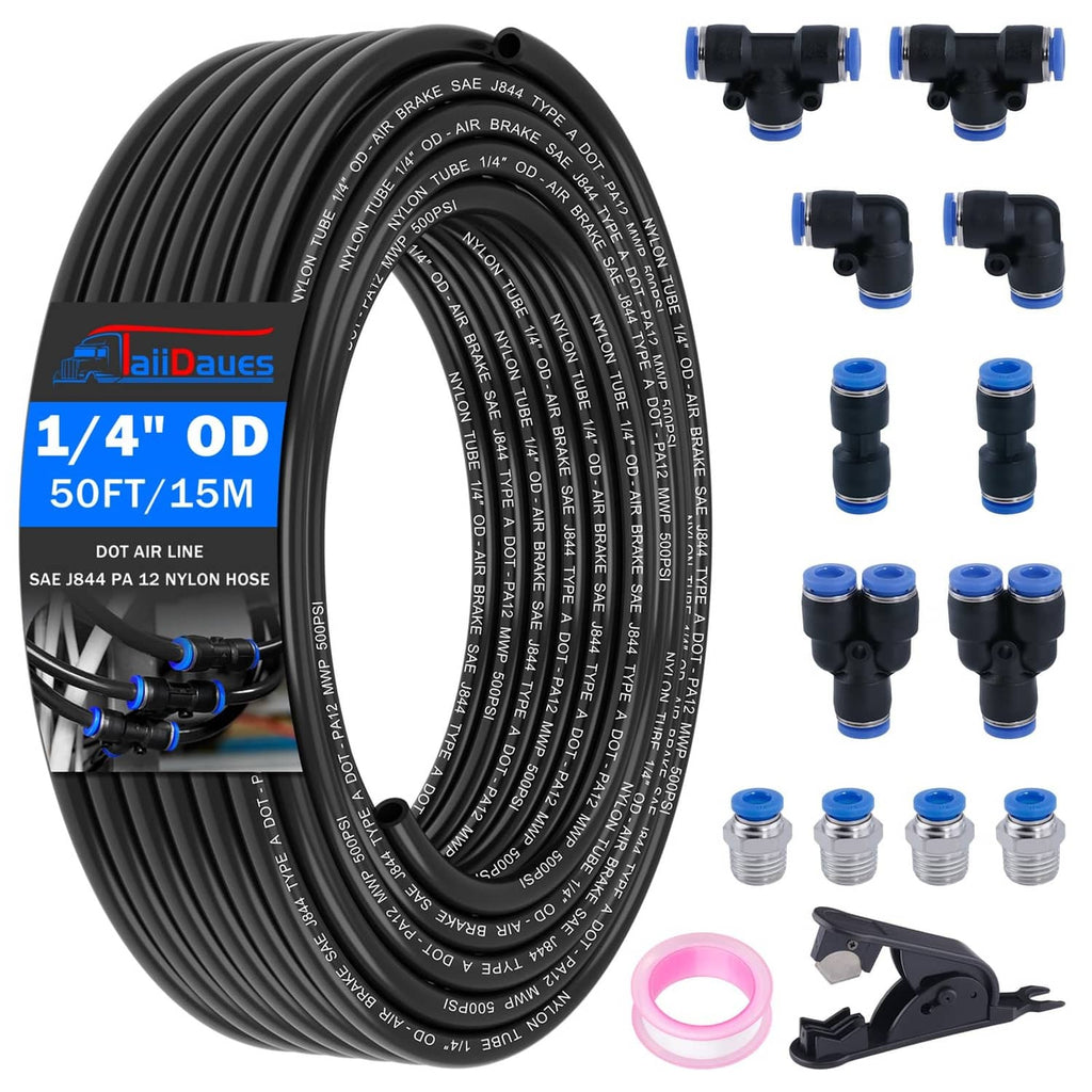 Black air line tubing coil kit with blue push-to-connect fittings and metal adapters