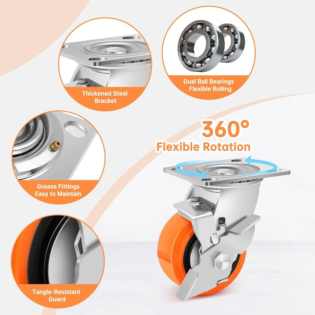 Swivel caster with orange polyurethane wheel, thick steel bracket, and grease fitting