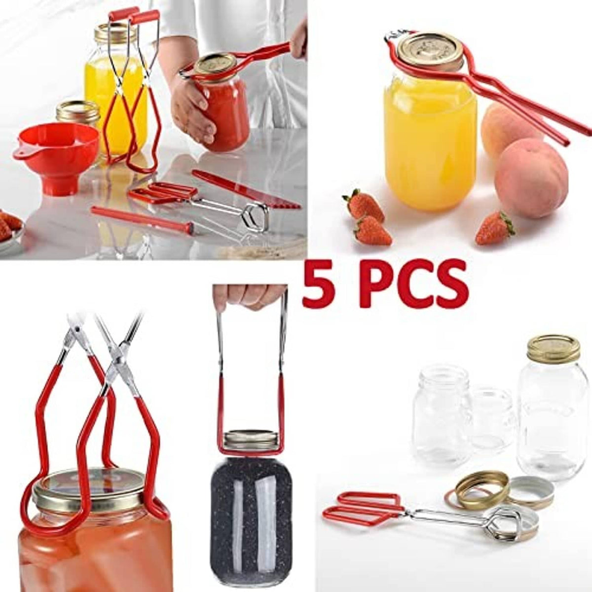 Red canning tool kit with jar lifters, funnel, and tongs for canning jars
