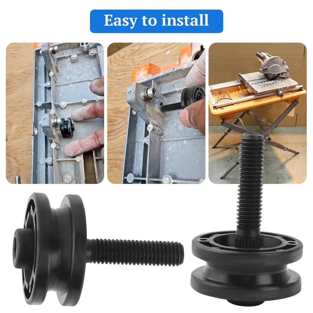 Black tile saw roller assembly with threaded bolt, side view