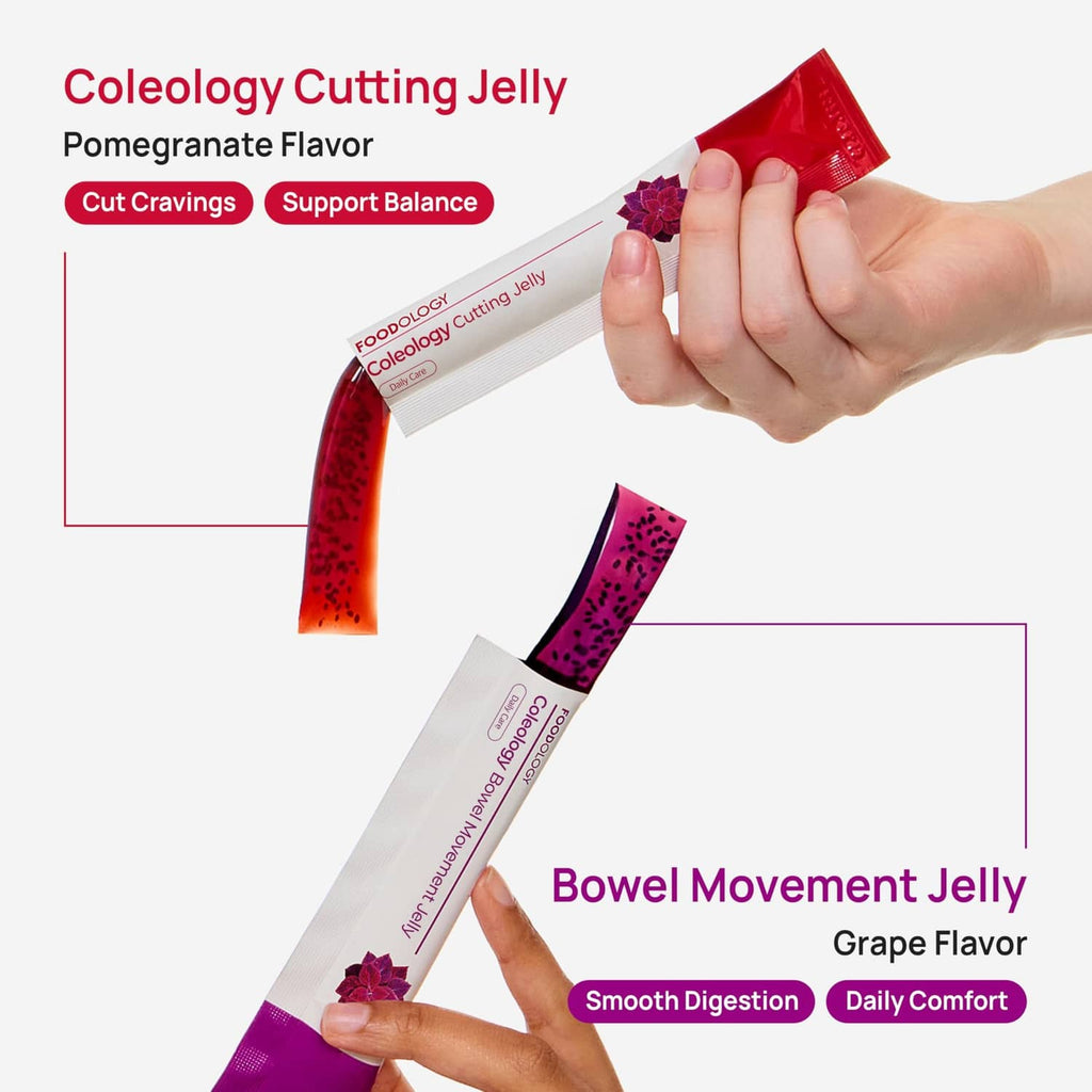 Grape bowel movement jelly stick pack held with red cutting jelly sachet