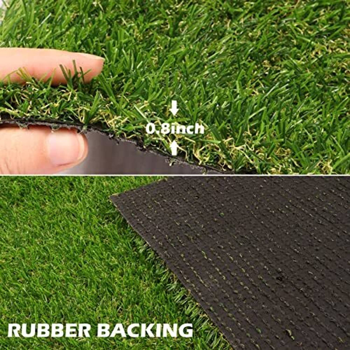 Artificial grass turf mat with 0.8 in pile and dark rubber backing at seam