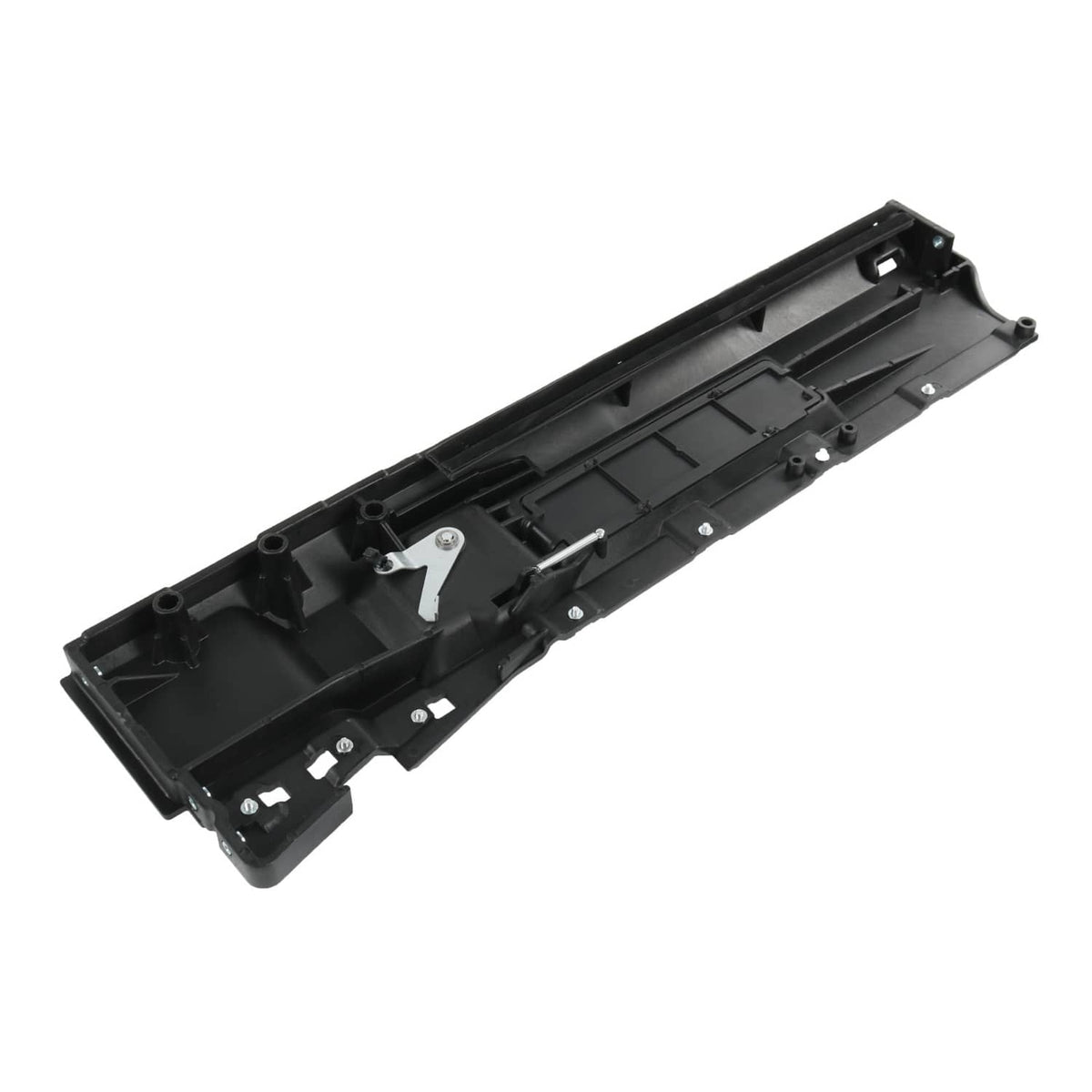 Black interior door handle base with metal latch lever and molded support ribs