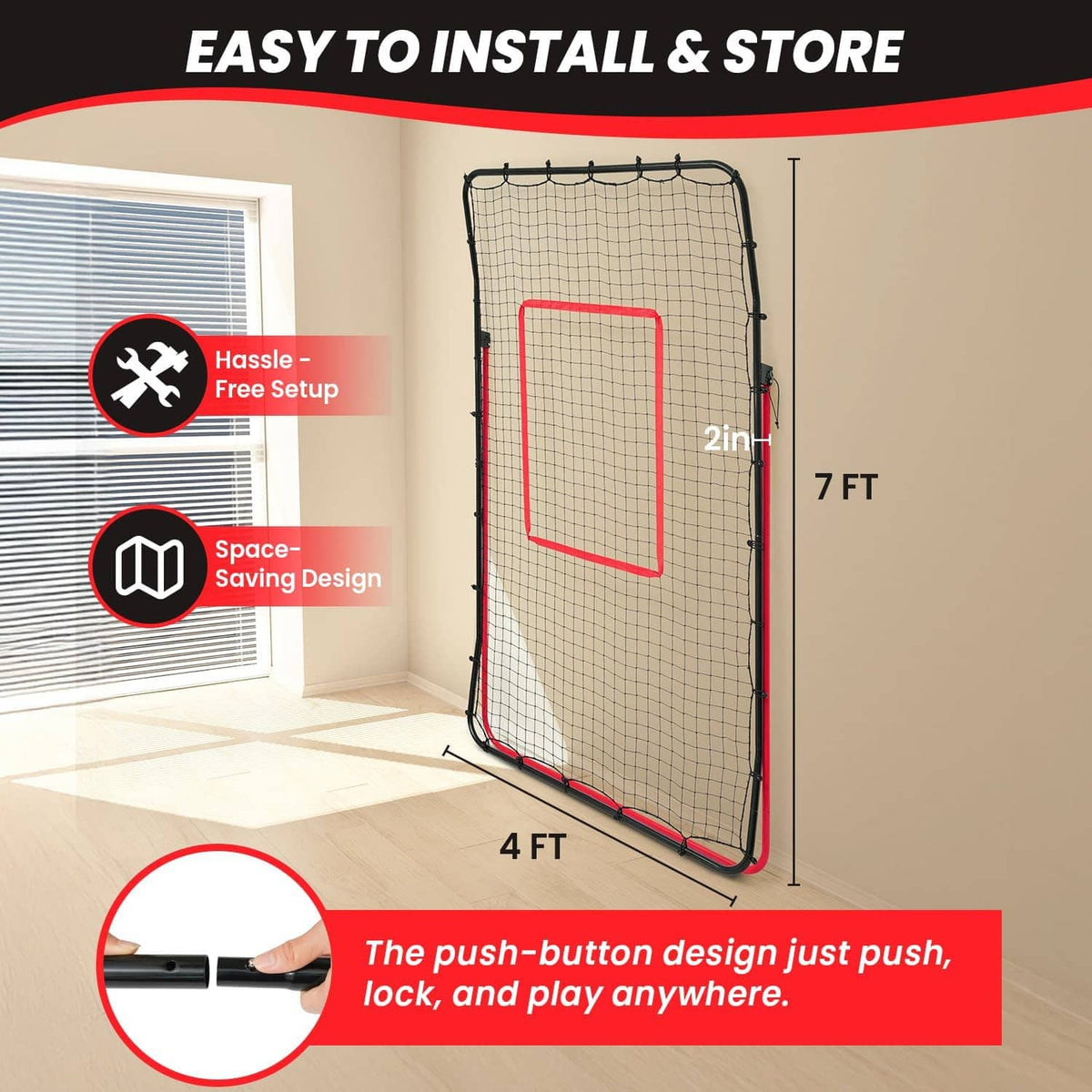 Volleyball rebounder net with 7 ft height, 4 ft width, easy push-button setup