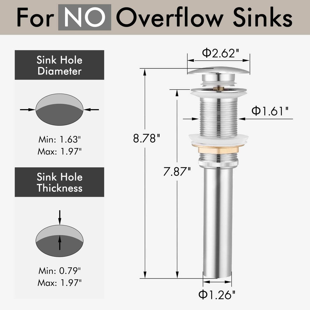 Chrome pop-up sink drain stopper designed for no-overflow sinks, with fit dimensions