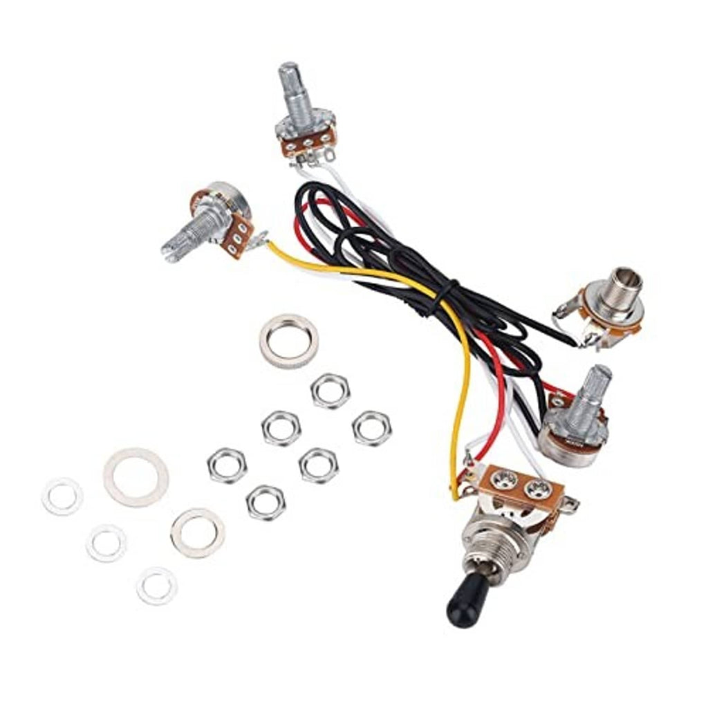 Pre-wired guitar wiring harness with bundled colored wires, three control pots and switch