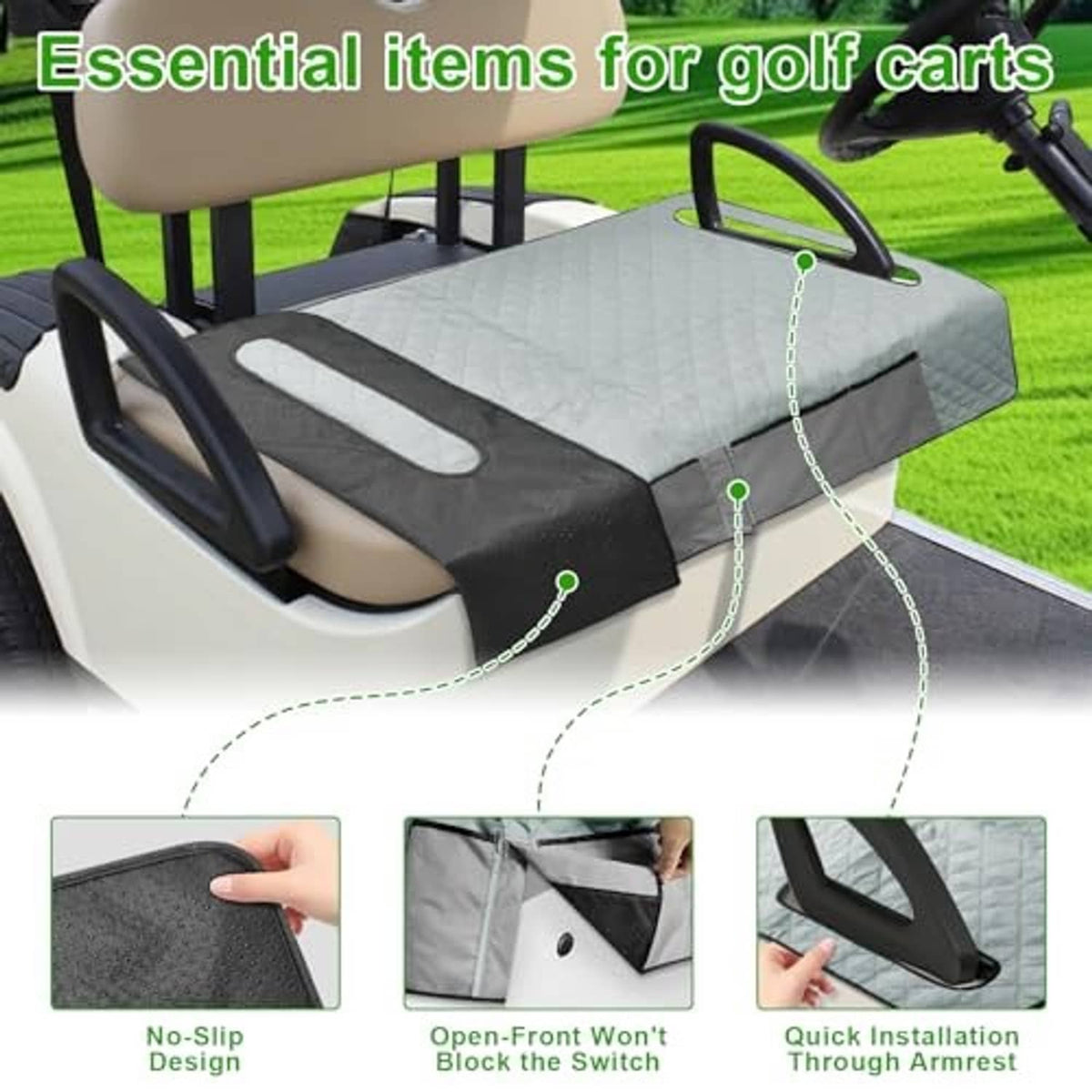 Gray quilted golf cart seat cover with open front section and armrest cutout straps