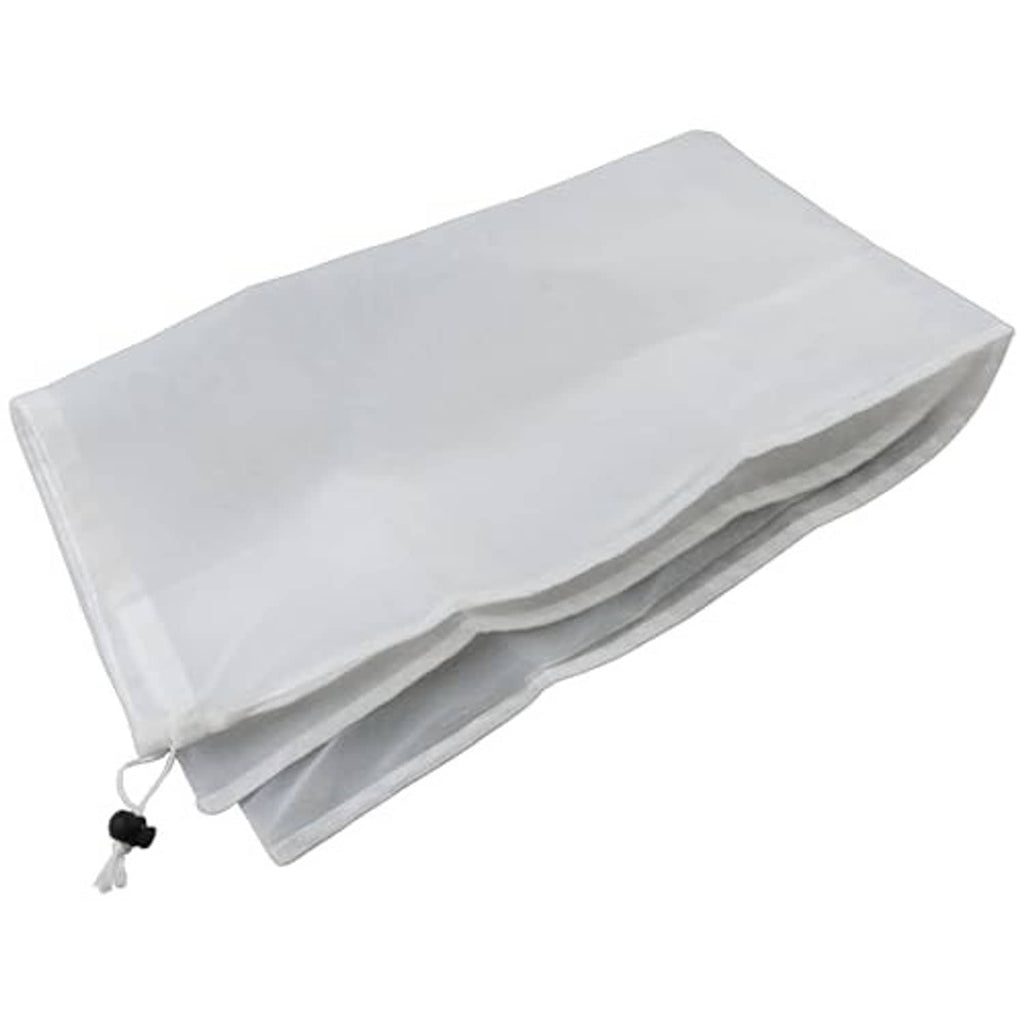 Pool vacuum replacement bag with drawstring closure; folded light gray fabric filter sack.