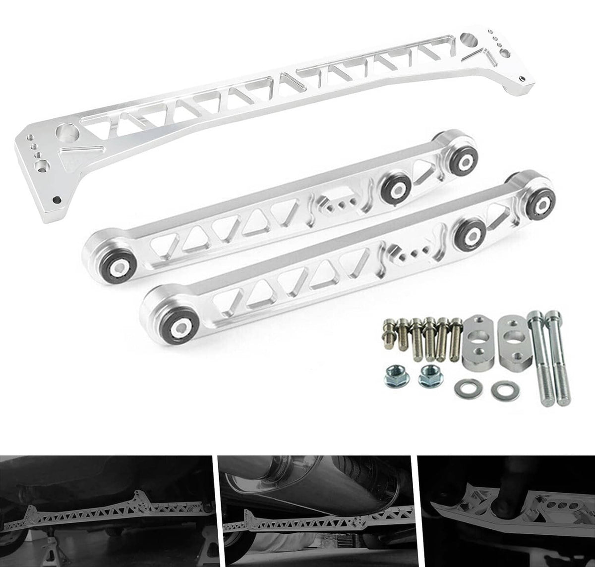 Silver rear lower control arm and subframe brace kit with bushings and mounting hardware