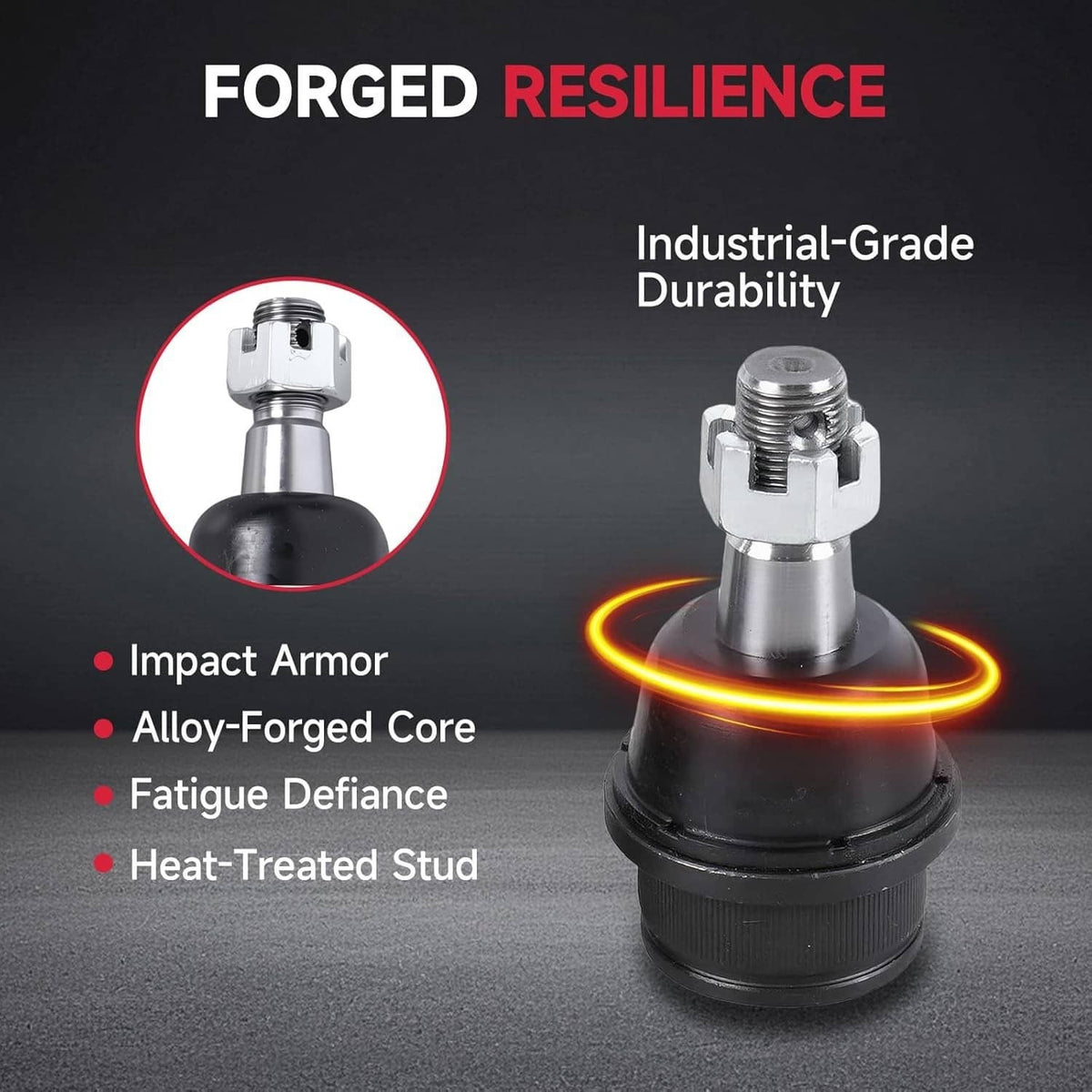 Metal ball stud with black rubber base and close-up inset detail