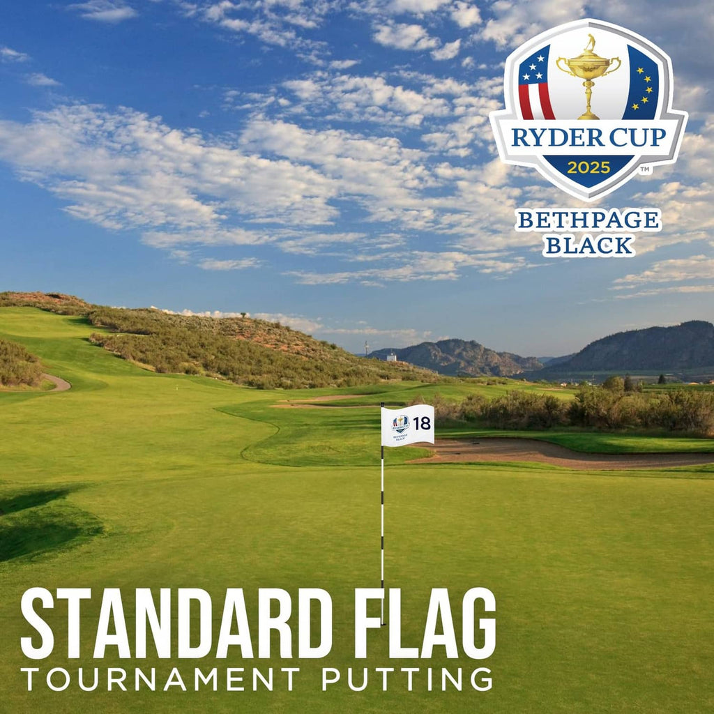 Small white golf flag on a pole with Ryder Cup 2025 logo and large 18